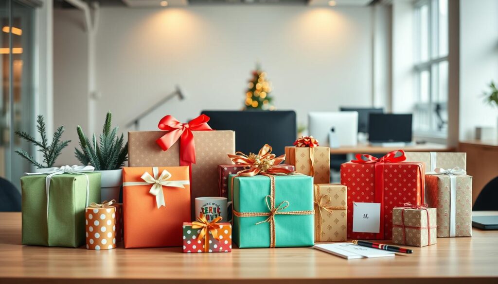A well-organized office desk scene featuring an array of creative "Secret Santa" gift ideas. In the foreground, vibrant and thoughtfully wrapped gift boxes in various sizes and festive colors, including unique items like a stylish desk plant, a quirky mug, and elegant stationery sets. In the middle, a tasteful office setting with a modern desk, stylish laptop, and a personal touch of holiday decorations, like a small Christmas tree and twinkling lights. The background features a sleek office space with warm, inviting lighting, showcasing a calm and cheerful atmosphere suitable for a corporate event. The scene should convey a spirit of camaraderie and joy, embodying the theme of thoughtful gifting among colleagues. Captured with a semi-close-up angle to emphasize the gifts, with a soft focus on the background for depth.