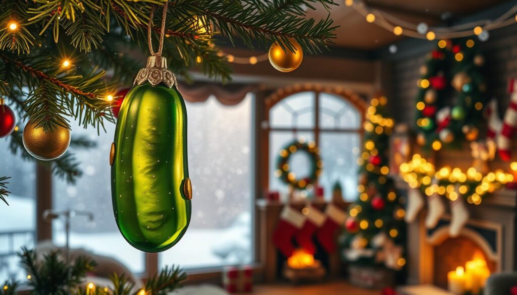 A whimsical and enchanting Christmas scene depicting a traditional German Christmas tree adorned with a variety of colorful ornaments and twinkling lights. In the foreground, a shiny green pickle ornament hangs prominently from a branch, glistening under soft, warm fairy lights. In the middle ground, a cozy living room setting includes a fireplace, stockings hung with care, and hints of festive decorations. The background features snow falling gently outside a frosted window, creating a serene winter atmosphere. The scene is illuminated by soft golden light, casting a warm glow throughout the room, evoking nostalgia and festive cheer. The image captures a sense of wonder and holiday spirit, inviting viewers into the charming tradition of the Christmas pickle.