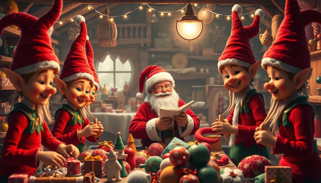 A whimsical scene depicting taller Christmas elves working alongside Santa Claus in a charming workshop in the North Pole. In the foreground, a group of cheerful, tall elves with pointy hats and vibrant clothing are joyfully assembling toys, showcasing their skill and teamwork. The middle ground features Santa Claus with a warm, inviting smile, checking his list while overseeing the elves. The background shows a cozy workshop filled with colorful toy-making tools, twinkling lights, and piles of gifts. The lighting is soft and warm, creating a festive atmosphere with a hint of magic. The angle should be slightly elevated, providing a comprehensive view of the bustling workshop. The overall mood is joyful and industrious, celebrating the spirit of collaboration and the rich mythology of holiday folklore.