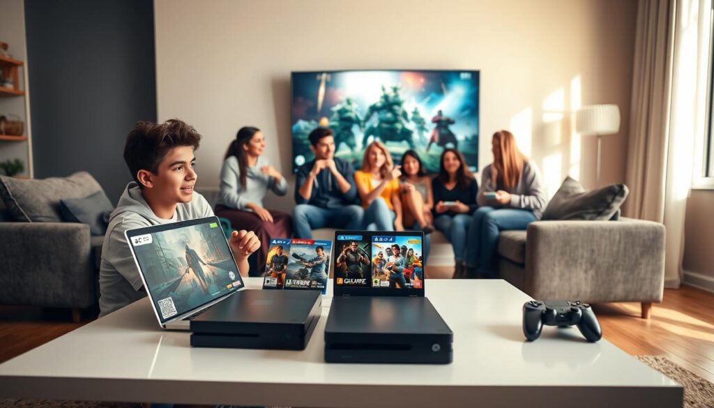 A young adult browsing various gaming platforms in a modern, cozy living room. In the foreground, a sleek coffee table holds a laptop and several gaming consoles, highlighting their features with colorful game covers. In the middle ground, a diverse group of friends discusses their favorite games, dressed in casual, stylish attire, radiating excitement and engagement. The background features a large TV displaying an intriguing game scene, with soft, warm lighting illuminating the space, creating a welcoming atmosphere. A window lets in natural light, casting gentle shadows. The overall mood is inviting and informative, emphasizing camaraderie and the joy of choosing the right gaming platform without requiring expert knowledge. A young adult browsing various gaming platforms in a modern, cozy living room. In the foreground, a sleek coffee table holds a laptop and several gaming consoles, highlighting their features with colorful game covers. In the middle ground, a diverse group of friends discusses their favorite games, dressed in casual, stylish attire, radiating excitement and engagement. The background features a large TV displaying an intriguing game scene, with soft, warm lighting illuminating the space, creating a welcoming atmosphere. A window lets in natural light, casting gentle shadows. The overall mood is inviting and informative, emphasizing camaraderie and the joy of choosing the right gaming platform without requiring expert knowledge.