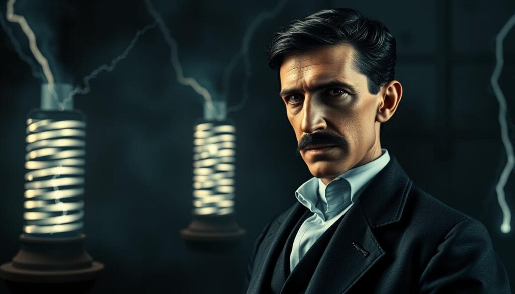 A dramatic and captivating portrait of Nikola Tesla, the visionary inventor of alternating current (AC). Set against a moody, atmospheric backdrop, the image showcases Tesla's striking presence and the allure of his revolutionary technology. In the foreground, Tesla stands tall, his piercing gaze and intense expression conveying the power and potential of his groundbreaking work. The middle ground is filled with the ethereal glow of Tesla coils, their electrical discharges crackling with the energy of AC. The background is shrouded in shadows, hinting at the underlying tension and opposition that Tesla faced from his rival, Thomas Edison, and the fierce battle over the future of electricity. The overall mood is one of innovation, vision, and the triumph of scientific progress over fear-mongering and misinformation.