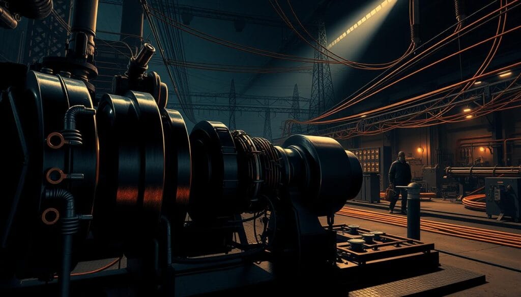 A high-contrast, chiaroscuro-style illustration of a direct current (DC) power system. In the foreground, a large industrial generator with gleaming metal components and exposed electrical wiring. Centered is a cut-away view revealing the inner workings of the generator, its spinning armature and field coils. In the middle ground, a network of thick copper cables and power distribution panels, casting dramatic shadows. In the background, a dimly lit industrial setting with towering machinery, conveyor belts, and the silhouettes of workers. Dramatic lighting from above creates striking highlights and shadows, emphasizing the power and technical complexity of the DC system. An authoritative, almost ominous atmosphere pervades the scene.