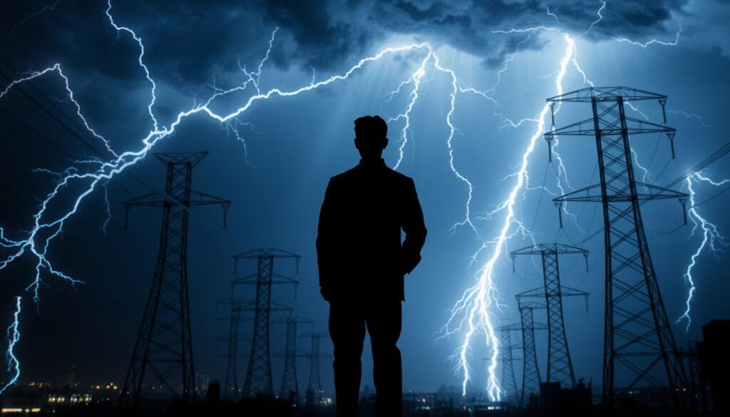 An intense electrical storm rages across a darkened cityscape, with bolts of crackling, blue-white AC current arcing between towering metal transmission towers. In the foreground, a lone figure stands defiantly, silhouetted against the turbulent sky - this is Nikola Tesla, pioneer of alternating current power, locked in the "War of Currents" against his rival, Thomas Edison and his campaign to discredit the safety of AC. The scene is lit by the dramatic, chiaroscuro lighting of the storm, casting dramatic shadows and highlights that emphasize the technical complexity and high-stakes confrontation. The composition is dynamic, with the diagonal lines of the lightning and towers creating a sense of tension and movement. Overall, the image conveys the fierce battle of ideas and technologies that defined this pivotal moment in the history of electricity.