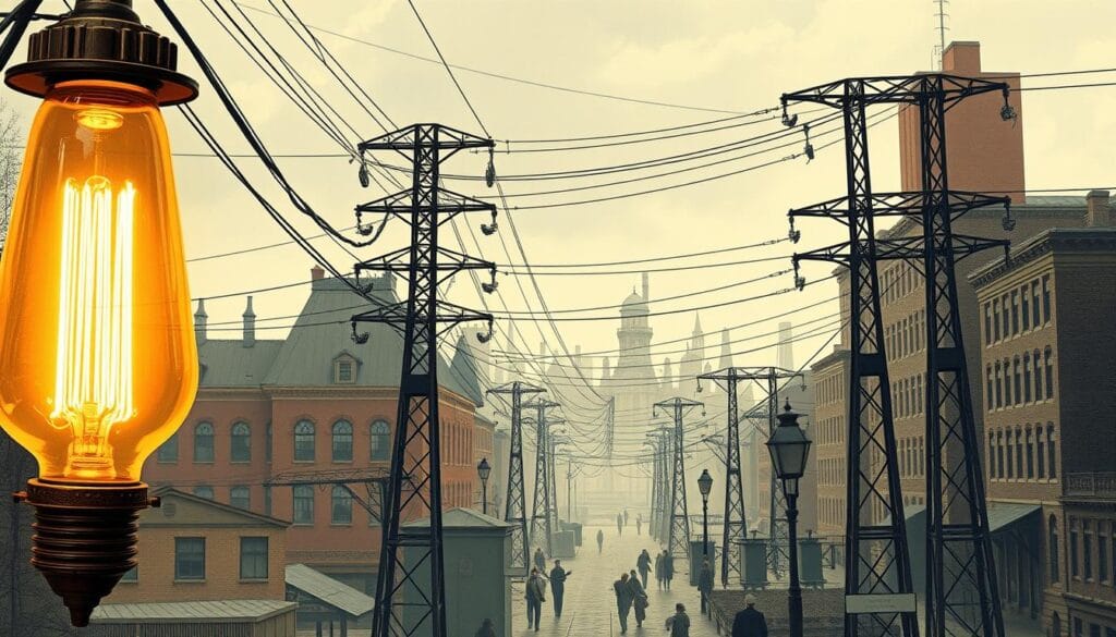 Detailed technical illustration of a direct current (DC) electrical system, with a focus on the early days of electric power distribution. The scene depicts a bustling urban environment, featuring a prominently displayed electric arc lamp in the foreground, casting a warm, golden glow. In the middle ground, a series of power lines and transformers showcase the emerging infrastructure of the Pearl Street Station, the first commercial power distribution system in New York City. The background showcases a mix of industrial and residential buildings, hinting at the rapid growth and adoption of electrical technologies during this period. The overall atmosphere conveys a sense of progress and innovation, setting the stage for the technical advancements that would follow. Detailed technical illustration of a direct current (DC) electrical system, with a focus on the early days of electric power distribution. The scene depicts a bustling urban environment, featuring a prominently displayed electric arc lamp in the foreground, casting a warm, golden glow. In the middle ground, a series of power lines and transformers showcase the emerging infrastructure of the Pearl Street Station, the first commercial power distribution system in New York City. The background showcases a mix of industrial and residential buildings, hinting at the rapid growth and adoption of electrical technologies during this period. The overall atmosphere conveys a sense of progress and innovation, setting the stage for the technical advancements that would follow.