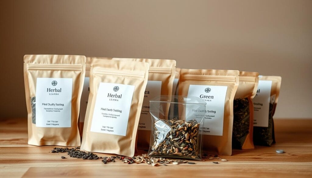 A serene still life composed of a selection of high-quality tea bags arranged on a natural wooden surface. The bags feature a variety of herbal, black, and green tea varieties, showcasing their diverse flavors and health benefits. Soft, diffused lighting highlights the delicate textures and hues of the tea leaves peeking out from the bags, conveying a sense of warmth and tranquility. The minimal, uncluttered composition emphasizes the quality and sustainability of the tea, inviting the viewer to pause and appreciate the simple pleasures of a mindful tea ritual.