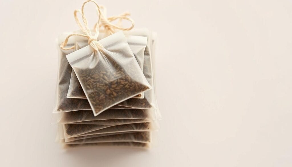 A stack of neatly arranged traditional English teabags, photographed from an overhead angle with soft, even lighting. The teabags feature classic square shapes and string tags, showcasing the rich, uniform color of the tea leaves within. The scene is set against a plain, uncluttered background, emphasizing the timeless simplicity of this iconic product. The overall mood is one of understated elegance and the quintessential British tea-drinking experience.