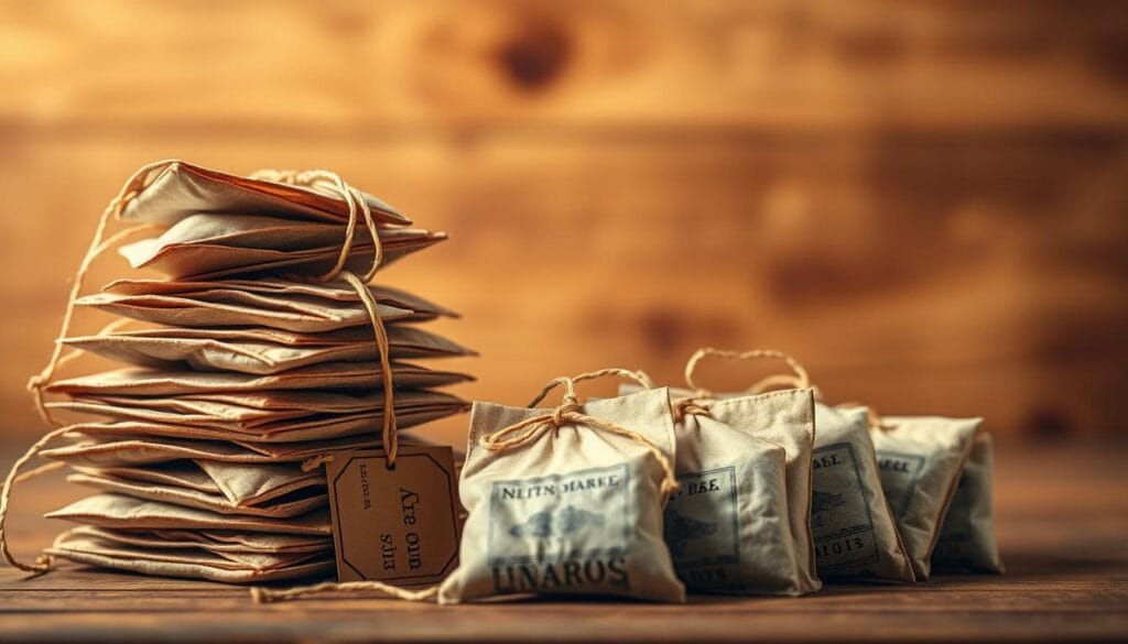 A stack of vintage-styled tea bags against a warm, sepia-toned background. The tea bags are displayed in the foreground, their labels and strings visible, arranged in an artful, asymmetrical composition. The middle ground features a subtle, blurred backdrop, hinting at a wooden surface or a fabric texture. The lighting is soft and diffused, creating a cozy, nostalgic atmosphere. The overall scene evokes a sense of heritage and the accidental origins of the humble tea bag.