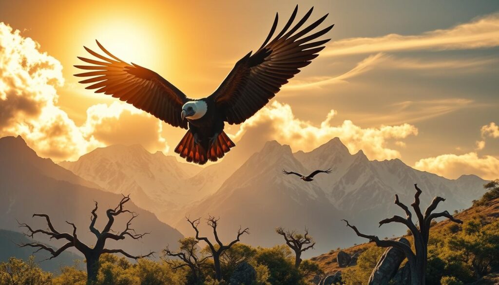 A majestic Andean condor soaring gracefully against a vibrant, sun-dappled sky. Its enormous wings span over 10 feet, casting a dramatic shadow on the rugged, snow-capped Andes peaks below. The condor's piercing gaze is fixed ahead, radiating a sense of power and freedom. In the foreground, a lush, verdant landscape dotted with ancient, twisted trees and rocky outcroppings. The warm, golden light filters through wispy clouds, creating a dreamlike, nostalgic atmosphere. This awe-inspiring scene evokes the spirit of Chile's beloved comic character, Condorito, born as a playful rebuke to the Disney aesthetic. A majestic Andean condor soaring gracefully against a vibrant, sun-dappled sky. Its enormous wings span over 10 feet, casting a dramatic shadow on the rugged, snow-capped Andes peaks below. The condor's piercing gaze is fixed ahead, radiating a sense of power and freedom. In the foreground, a lush, verdant landscape dotted with ancient, twisted trees and rocky outcroppings. The warm, golden light filters through wispy clouds, creating a dreamlike, nostalgic atmosphere. This awe-inspiring scene evokes the spirit of Chile's beloved comic character, Condorito, born as a playful rebuke to the Disney aesthetic.