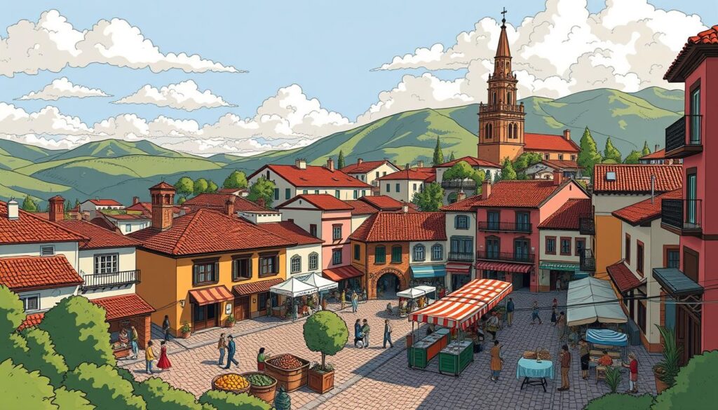 A quaint, charming Chilean town nestled in the rolling hills, Pelotillehue comes to life in intricate detail. The cobblestone streets wind through a vibrant patchwork of Spanish colonial architecture, with terra-cotta roofs, ornate balconies, and colorful facades. In the bustling town square, a lively market teems with vendors selling fresh produce, handicrafts, and street food. Towering church spires pierce the sky, casting long shadows over the lively scene. The air is filled with the aroma of sizzling empanadas and the laughter of locals going about their daily routines. This picturesque town, born from the pages of a beloved comic, exudes a warm, nostalgic atmosphere, inviting the viewer to step into its enchanting, hand-drawn world.