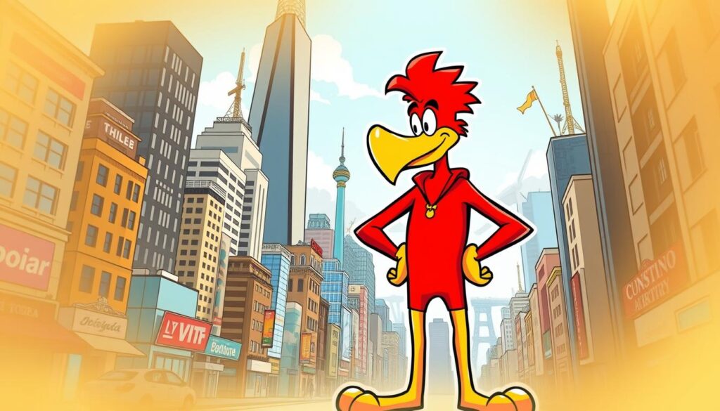 A vibrant and iconic Chilean comic book character, Condorito, standing tall and proud in a dynamic pose. The foreground showcases Condorito's distinctive features - his large beak-like nose, mischievous expression, and bright red uniform. In the middle ground, the character is surrounded by a bustling urban landscape, reflecting the character's international appeal, with buildings and landmarks from various global cities. The background is imbued with a warm, golden light, creating a sense of celebration and pride, capturing the character's enduring popularity and cultural significance. The overall composition conveys the character's journey from a local Chilean icon to a beloved international figure.