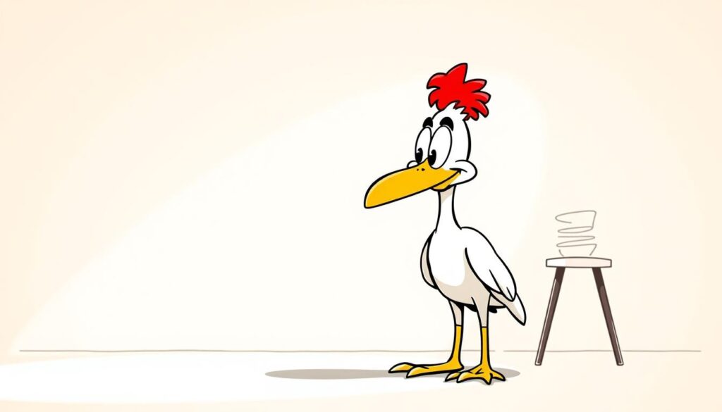 A whimsical scene of a classic Chilean comic strip character, Condorito, engaged in a lighthearted, tongue-in-cheek moment. The character is depicted with his signature exaggerated features and mischievous expression, set against a minimalist, stylized background that evokes the understated, dry humor characteristic of "humor blanco." The lighting is soft and diffused, creating a subtle, nostalgic atmosphere. The angle is slightly elevated, giving the viewer a sense of observing the scene from a detached, objective perspective, further emphasizing the satirical nature of the image. The composition is balanced and intentional, guiding the viewer's eye to the focal point of Condorito's humorous antics.